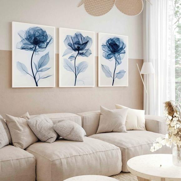 Kit 3 Quadros Decorativos Flores Azuis Sala Moderna Moldura
