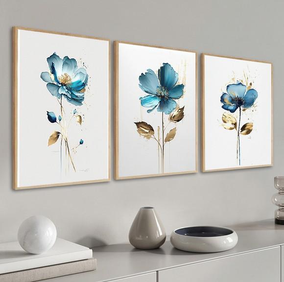 Kit 3 Quadros Decorativos Flores Azuis para Sala com Moldura