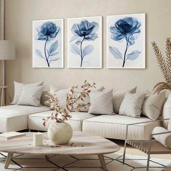 Kit 3 Quadros Decorativos Flores Azuis Sala Moderna Moldura