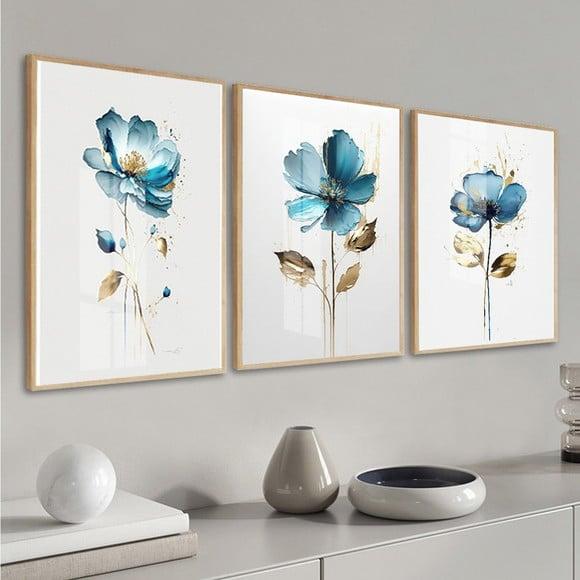Kit 3 Quadros Decorativos Flores Azul com Moldura e Vidro