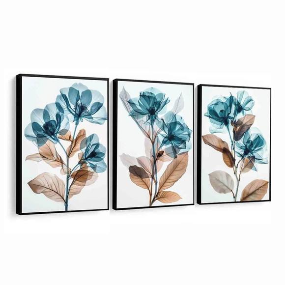 Kit 3 Quadros Decorativos Flores Azul Luxo Moderno Moldura