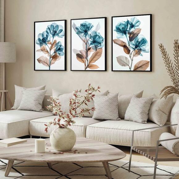 Kit 3 Quadros Decorativos Flores Azul Luxo Moderno Moldura