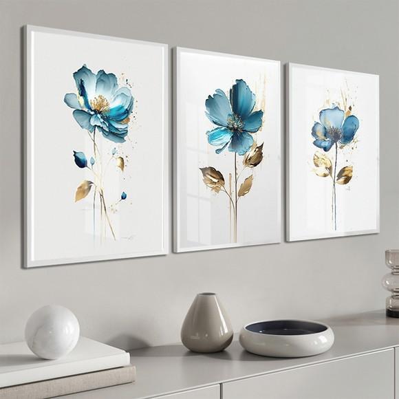 Kit 3 Quadros Decorativos Flores Azul Modernas Moldura Vidro