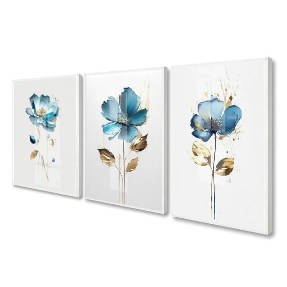 Kit 3 Quadros Decorativos Flores Azul Modernas Moldura Vidro