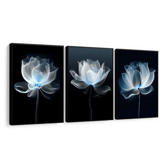 Kit 3 Quadros Decorativos Flores Azul para Sala com Moldura