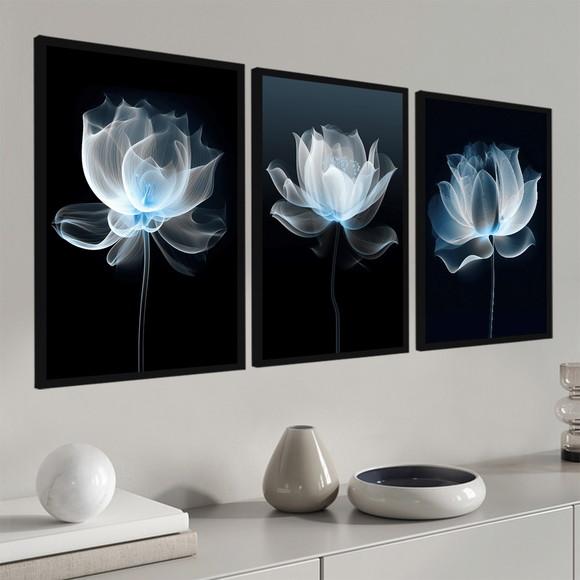 Kit 3 Quadros Decorativos Flores Azul para Sala com Moldura