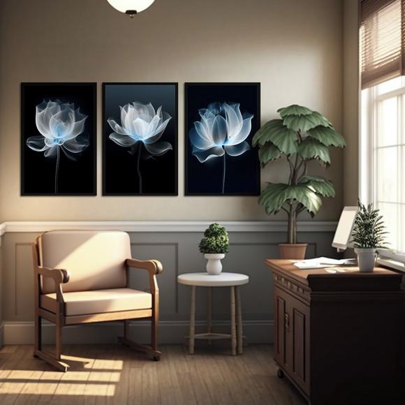 Kit 3 Quadros Decorativos Flores Azul para Sala com Moldura