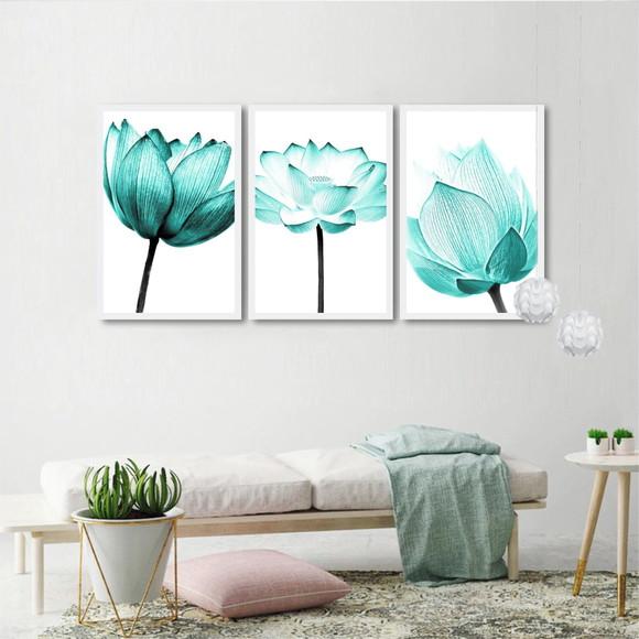 Kit 3 Quadros Decorativos Flores Azul Para Sala Com Moldura