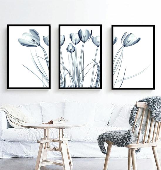 Kit 3 Quadros Decorativos Flores Azul Para Sala Com Moldura