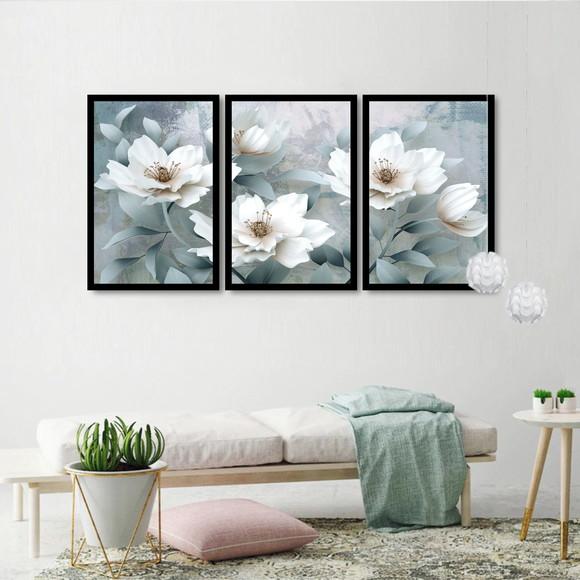 Kit 3 Quadros Decorativos Flores Azul Para Sala Hall Moldura