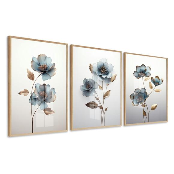 Kit 3 Quadros Decorativos Flores Azul Sala com Moldura Vidro