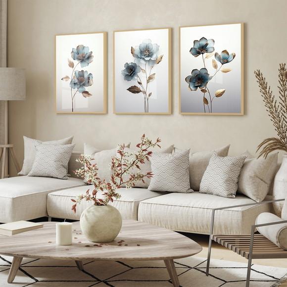 Kit 3 Quadros Decorativos Flores Azul Sala com Moldura Vidro