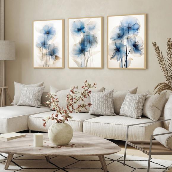 Kit 3 Quadros Decorativos Flores Azul Sala Hall Luxo Vidro