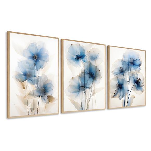 Kit 3 Quadros Decorativos Flores Azul Sala Hall Luxo Vidro