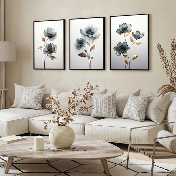 Kit 3 Quadros Decorativos Flores Azul Sala Moderno com Vidro