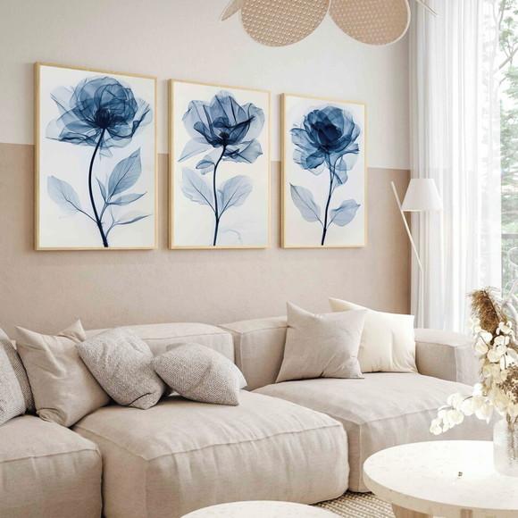 Kit 3 Quadros Decorativos Flores Azul Sala Moderna Moldura
