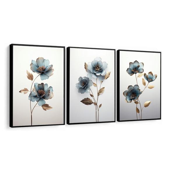 Kit 3 Quadros Decorativos Flores Azul Sala Moderno com Vidro