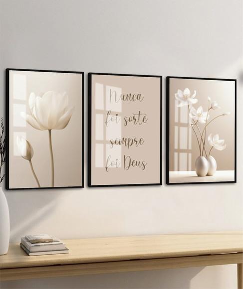 Kit 3 Quadros Decorativos Flores Bege Boho Frases com Vidro