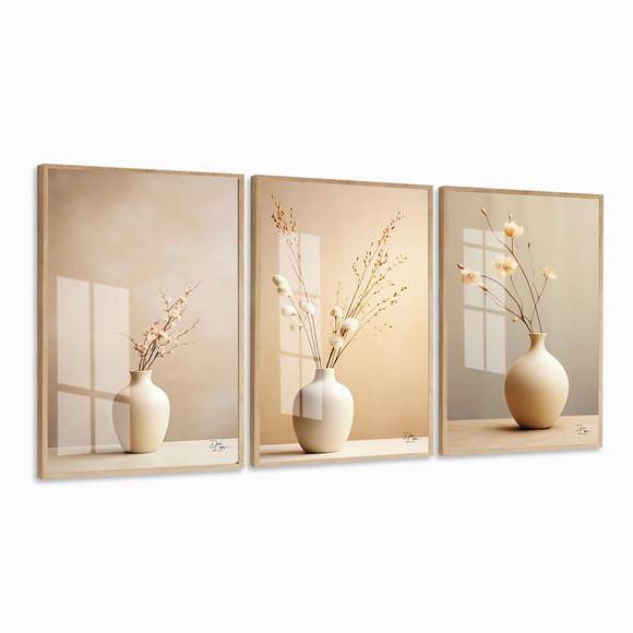 Kit 3 Quadros Decorativos Flores Bege Boho Moldura e Vidro