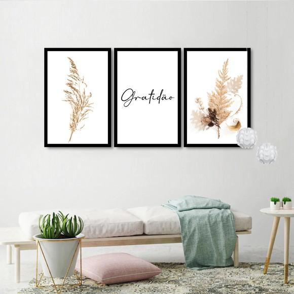 Kit 3 Quadros Decorativos Flores Bege Gratidão Sala Molduras