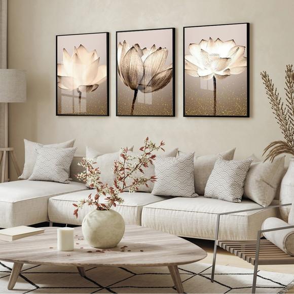 Kit 3 Quadros Decorativos Flores Bege Moderna Boho com Vidro