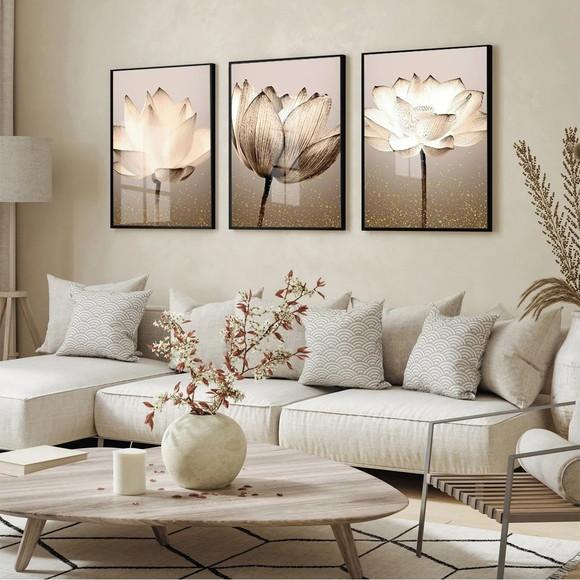Kit 3 Quadros Decorativos Flores Bege Moderna Boho com Vidro