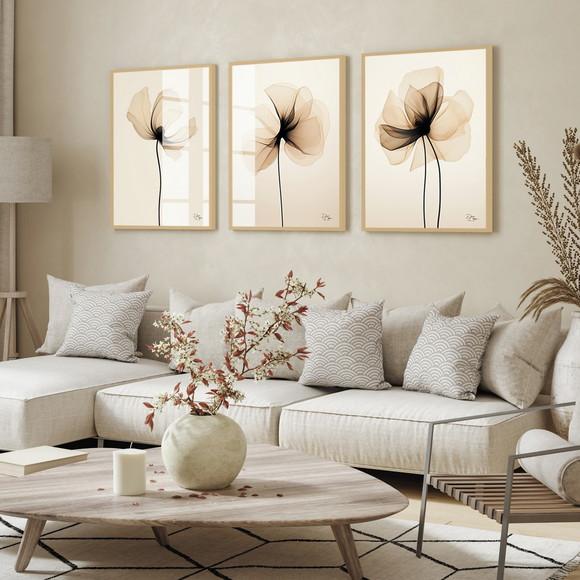 Kit 3 Quadros Decorativos Flores Bege Moderna Luxo com Vidro