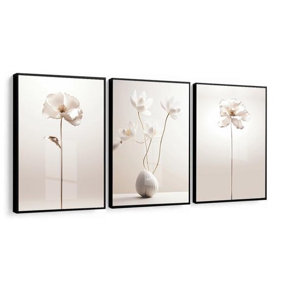 Kit 3 Quadros Decorativos Flores Bege Modernas Moldura Vidro