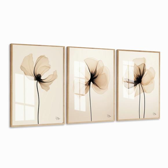 Kit 3 Quadros Decorativos Flores Bege Moderna Luxo com Vidro