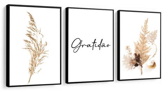 Kit 3 Quadros Decorativos Flores Bege Gratidão Sala Molduras