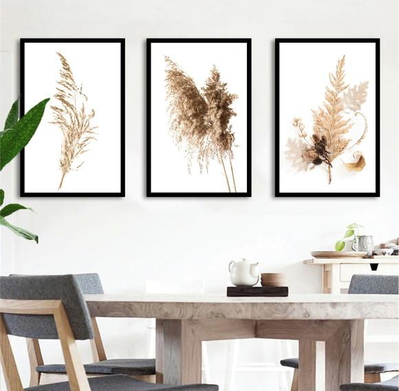 Kit 3 Quadros Decorativos Flores Bege Para Sala Com Moldura