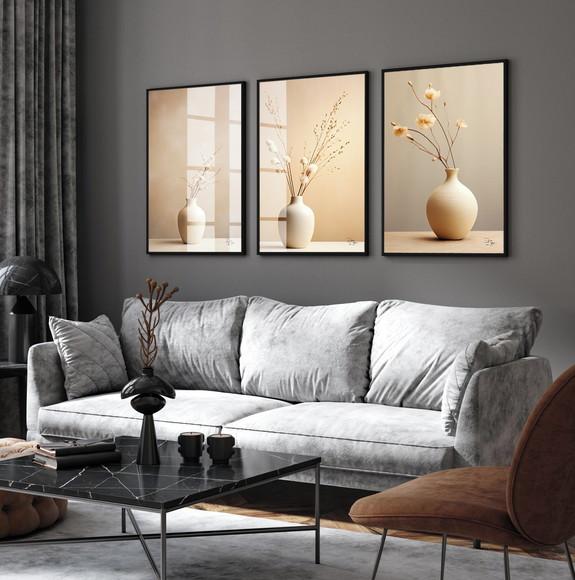 Kit 3 Quadros Decorativos Flores Boho Bege Luxo com Vidro