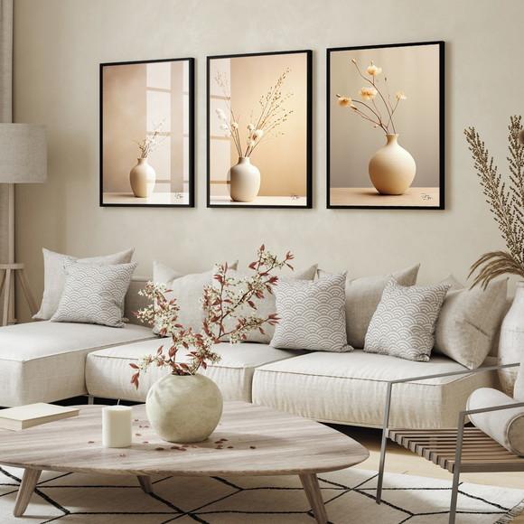 Kit 3 Quadros Decorativos Flores Boho Bege Luxo com Vidro