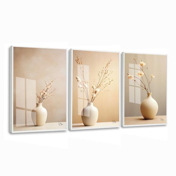 Kit 3 Quadros Decorativos Flores Boho Bege Moldura e Vidro