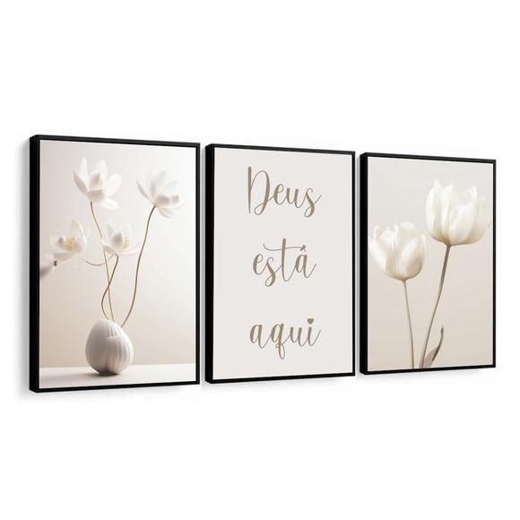Kit 3 Quadros Decorativos Flores Boho Deus Está Aqui Moldura