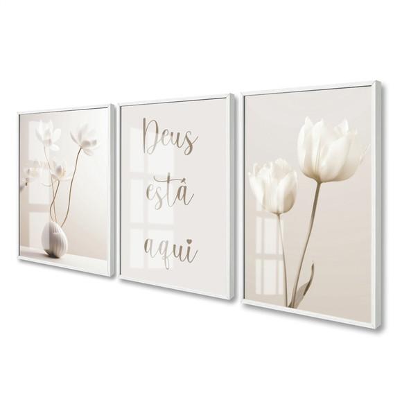 Kit 3 Quadros Decorativos Flores Boho Deus Está Aqui Vidro