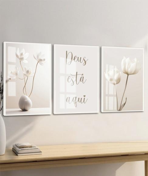 Kit 3 Quadros Decorativos Flores Boho Deus Está Aqui Vidro