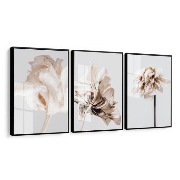 Kit 3 Quadros Decorativos Flores Brancas Com Moldura E Vidro
