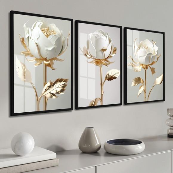 Kit 3 Quadros Decorativos Flores Brancas Douradas com Vidro