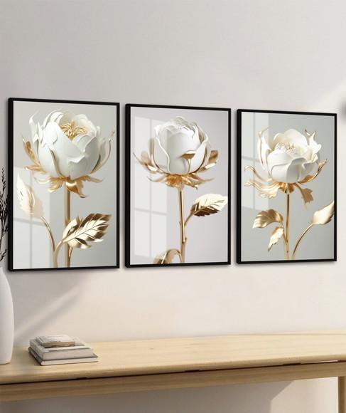 Kit 3 Quadros Decorativos Flores Brancas Douradas com Vidro