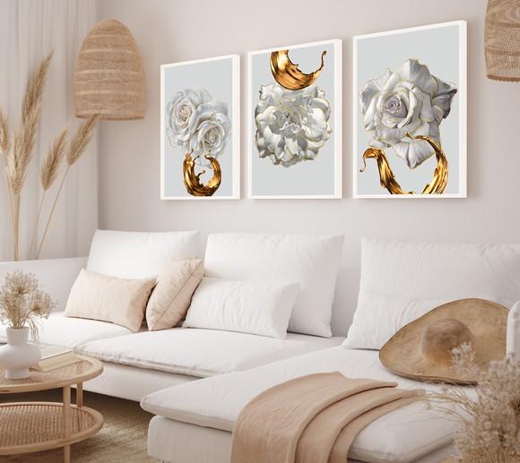 Kit 3 Quadros Decorativos Flores Brancas Dourada Com Moldura