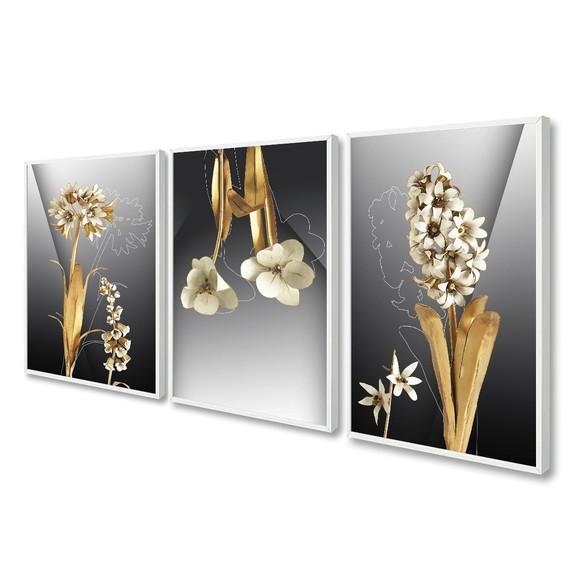 Kit 3 Quadros Decorativos Flores Brancas e Dourada Moldura