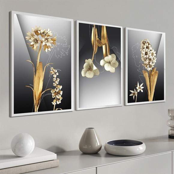 Kit 3 Quadros Decorativos Flores Brancas e Dourada Moldura