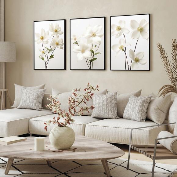 Kit 3 Quadros Decorativos Flores Brancas Modernas Moldura