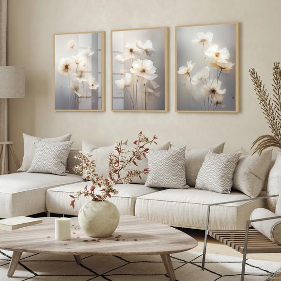 Kit 3 Quadros Decorativos Flores Brancas Modernas Sala Vidro