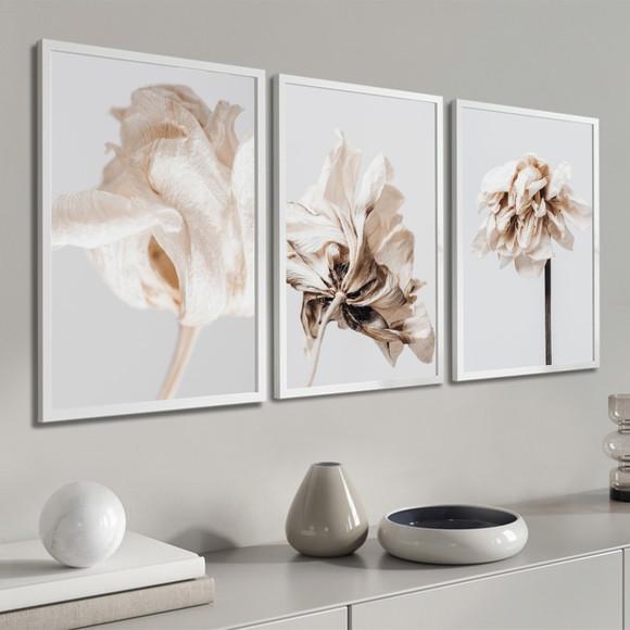 Kit 3 Quadros Decorativos Flores Brancas Modernas Moldura