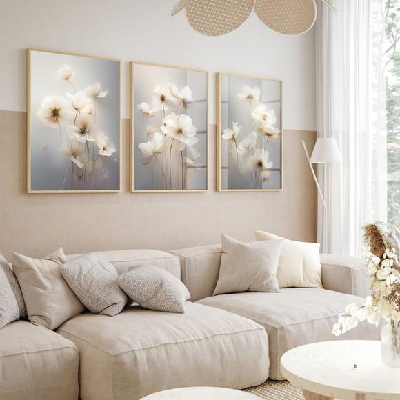 Kit 3 Quadros Decorativos Flores Brancas Modernas Sala Vidro