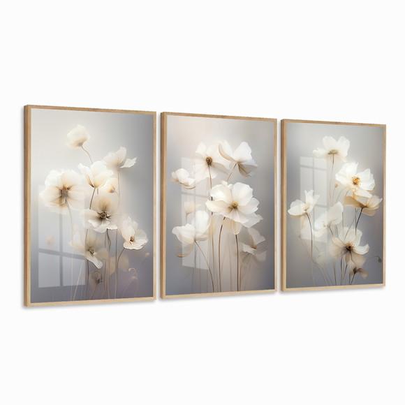 Kit 3 Quadros Decorativos Flores Brancas Modernas Sala Vidro