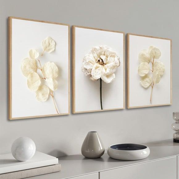 Kit 3 Quadros Decorativos Flores Brancas Para Sala Moldura