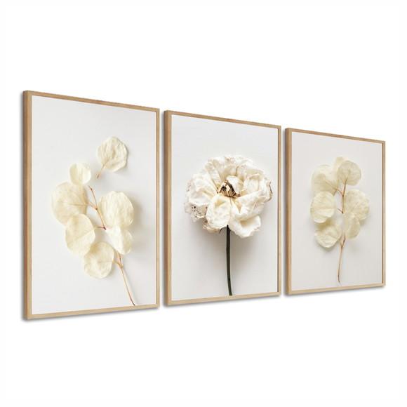 Kit 3 Quadros Decorativos Flores Brancas Para Sala Moldura